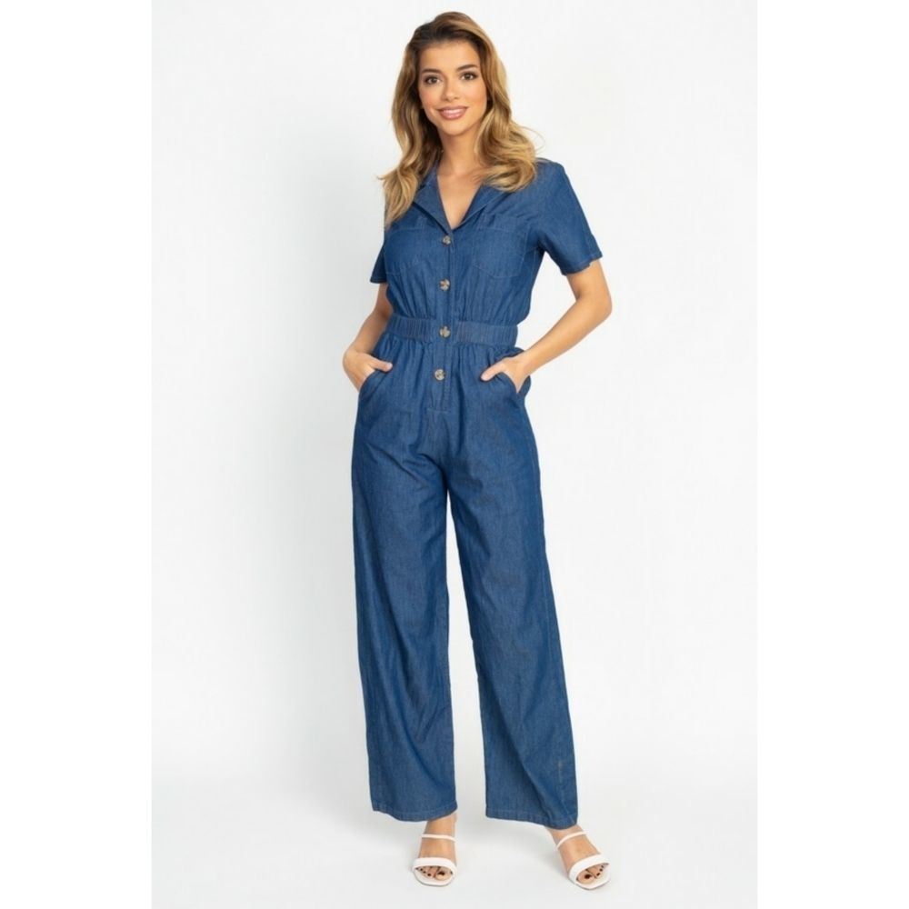 Women's Button Front Short Sleeve Denim Jumpsuit